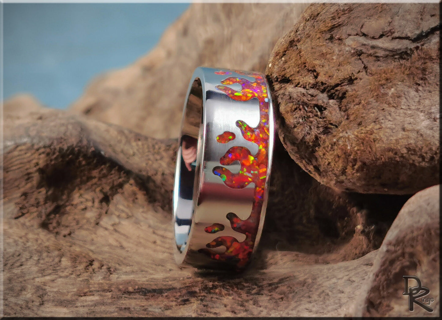 Titanium Flame Pattern Ring w/Opal inlay - metal ring
