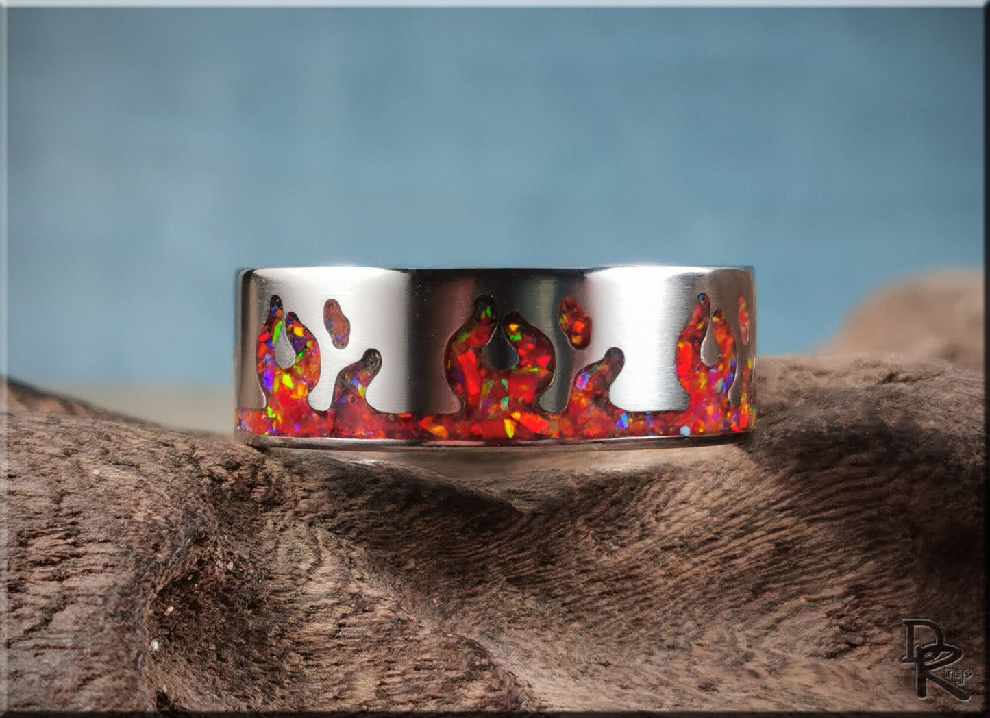 Titanium Flame Pattern Ring w/Opal inlay - metal ring