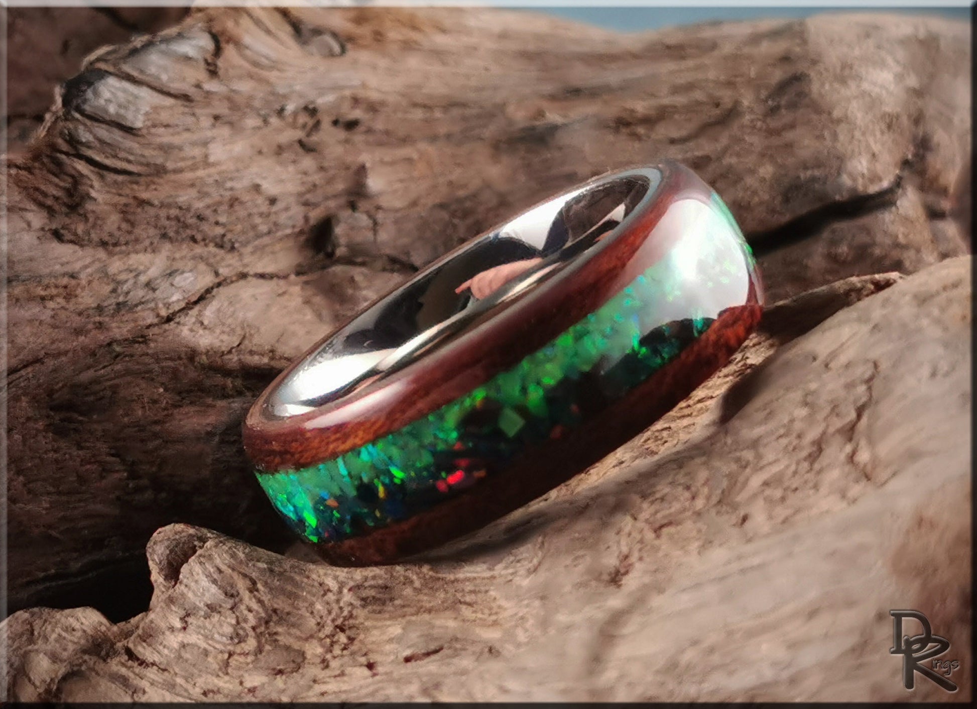 Bentwood Ring 'Aurora Borealis' - Smoked Etimoe w/Dual Opal inlay, on polished titanium ring core - wood ring