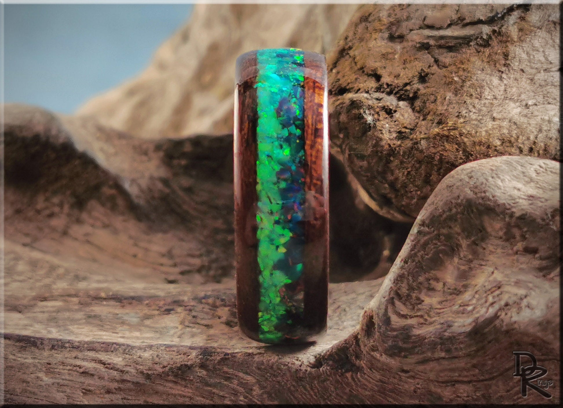 Bentwood Ring 'Aurora Borealis' - Smoked Etimoe w/Dual Opal inlay, on polished titanium ring core - wood ring