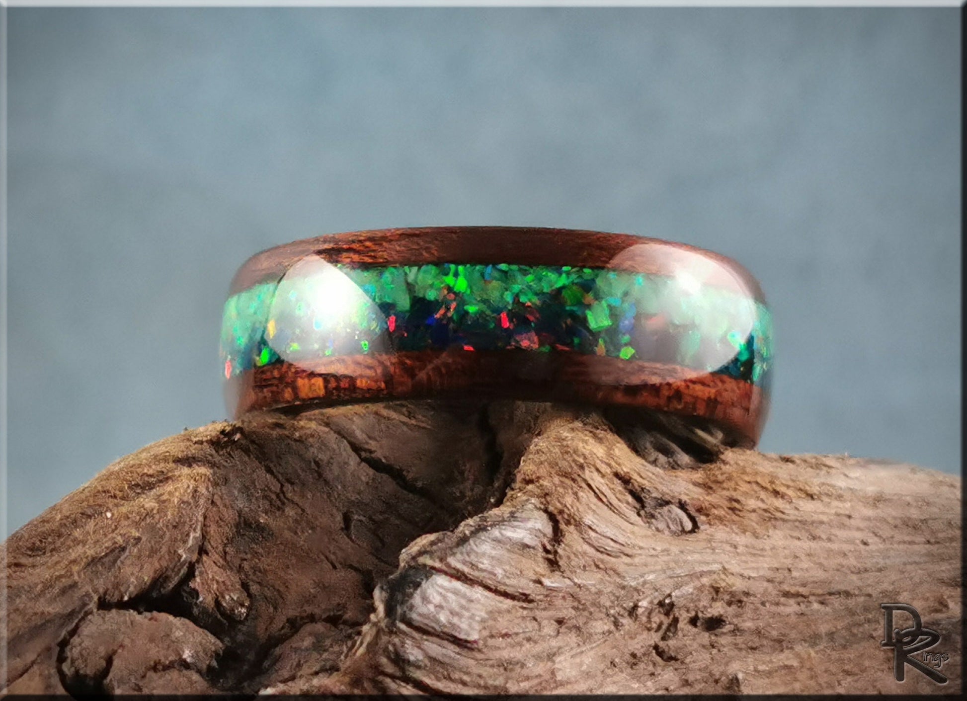 Bentwood Ring 'Aurora Borealis' - Smoked Etimoe w/Dual Opal inlay, on polished titanium ring core - wood ring