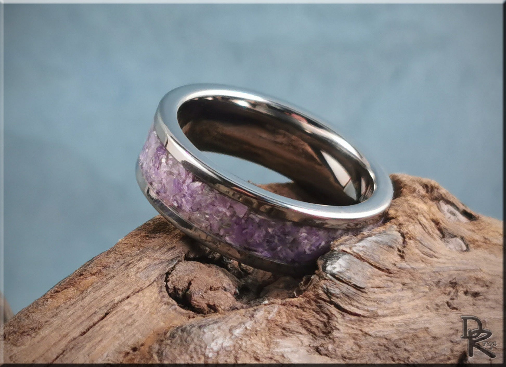 Super Titanium Channel Ring w/Charoite stone inlay - metal ring