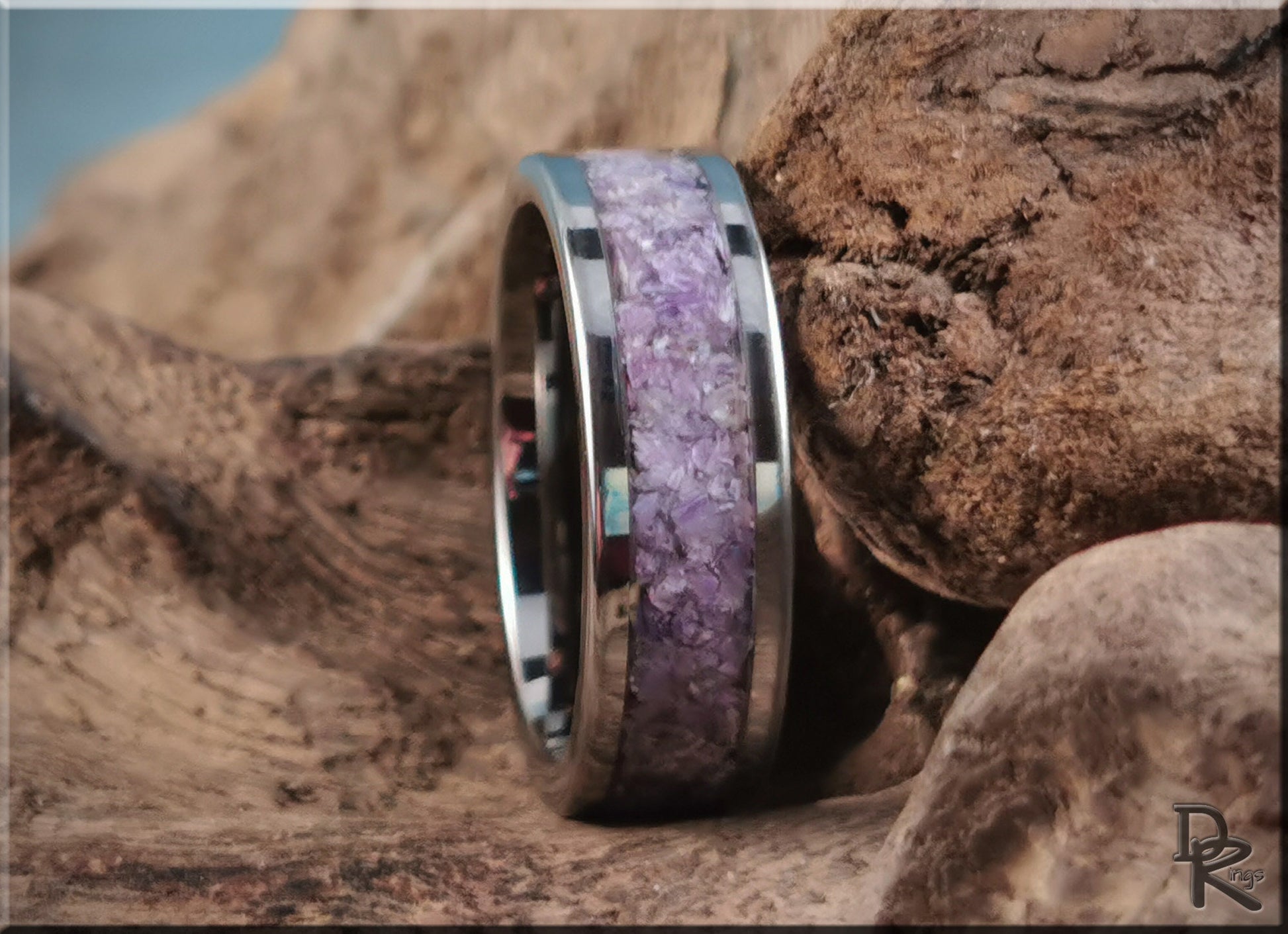 Super Titanium Channel Ring w/Charoite stone inlay - metal ring