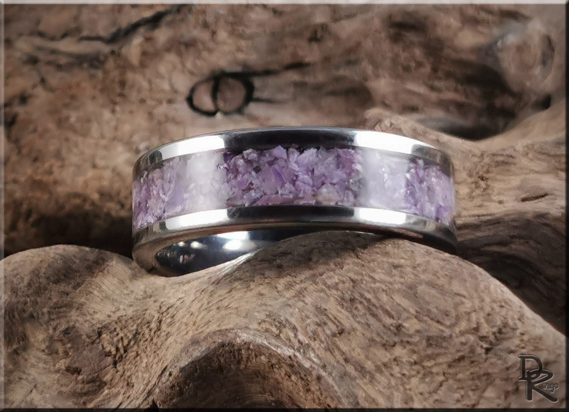 Super Titanium Channel Ring w/Charoite stone inlay - metal ring