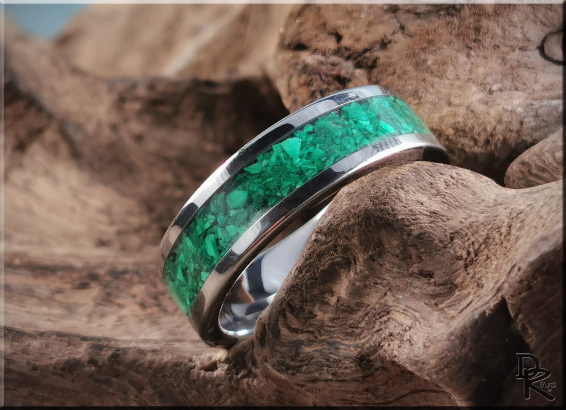 Super Titanium Channel Ring w/Green Malachite stone inlay - metal ring