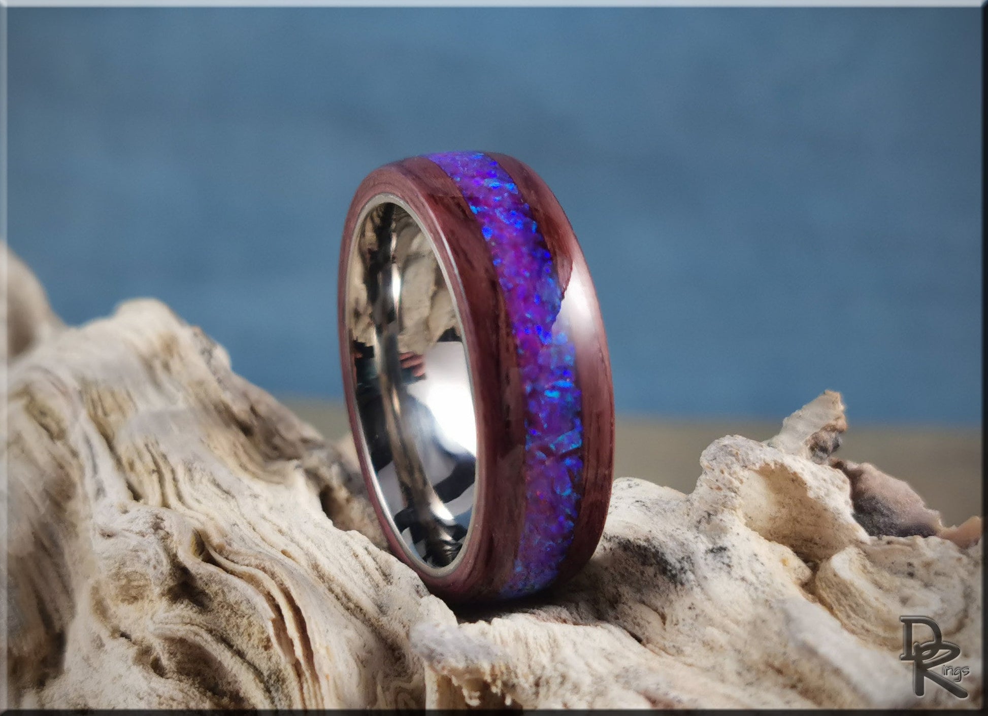 Bentwood Ring - Purpleheart w/Orchid opal inlay on titanium ring core - wood ring