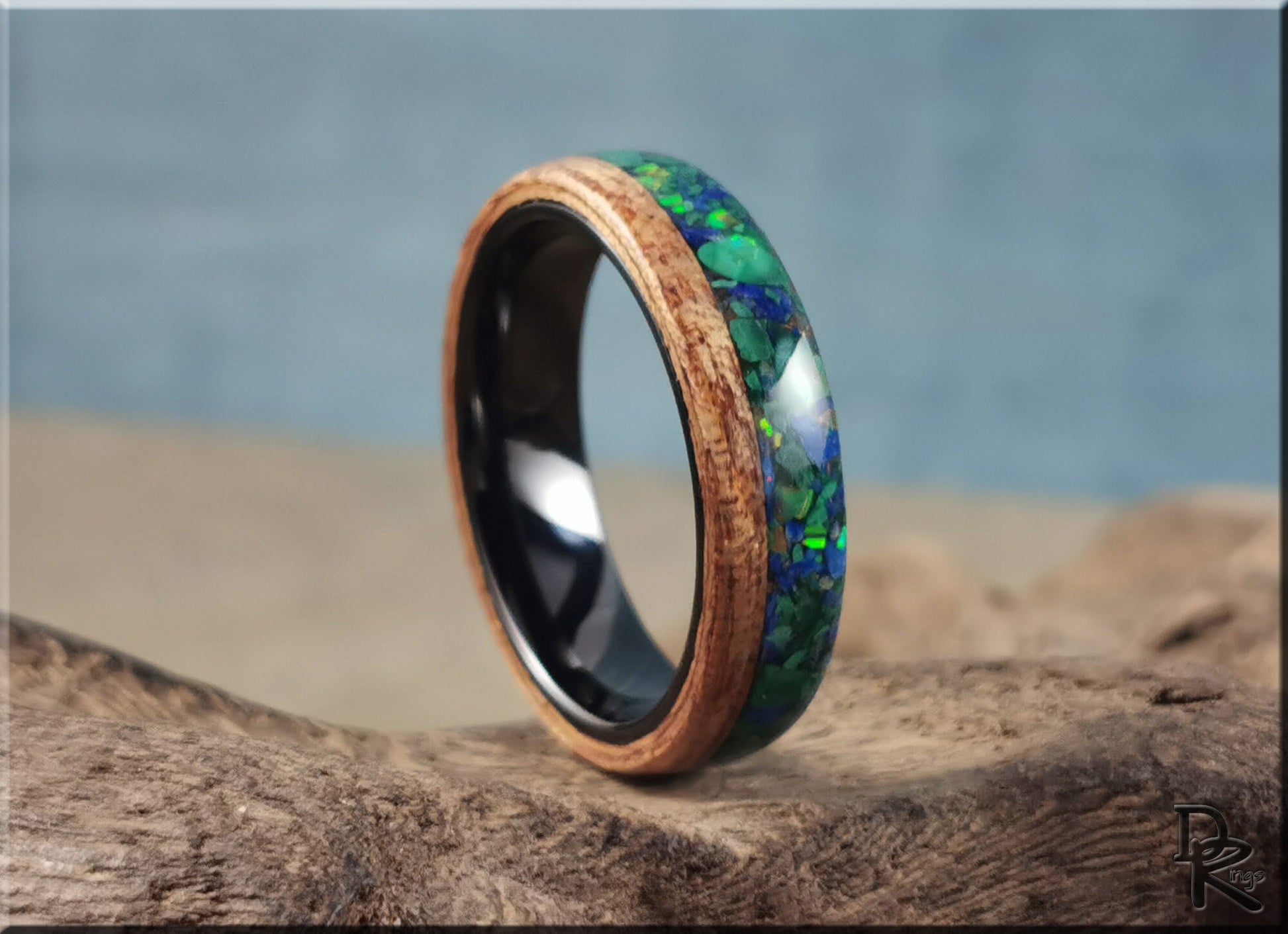 Bentwood Ring - Okoume w/Live Edge Stone and Opal blend inlay, on Polished Black Ceramic inner core - wood ring