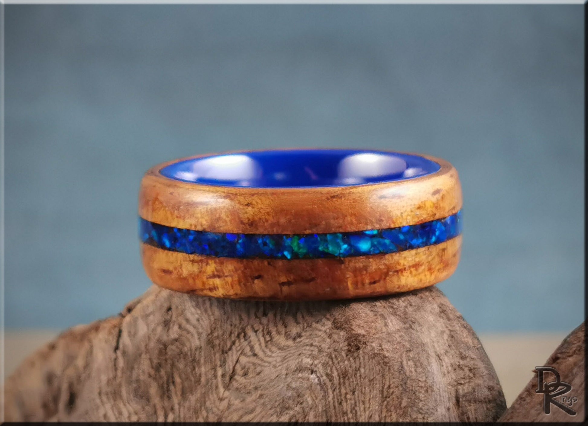 Bentwood Ring - Golden Hawaiian Koa w/Sleepy Blue Opal inlay, on polished 8mm blue ceramic ring core - wood ring