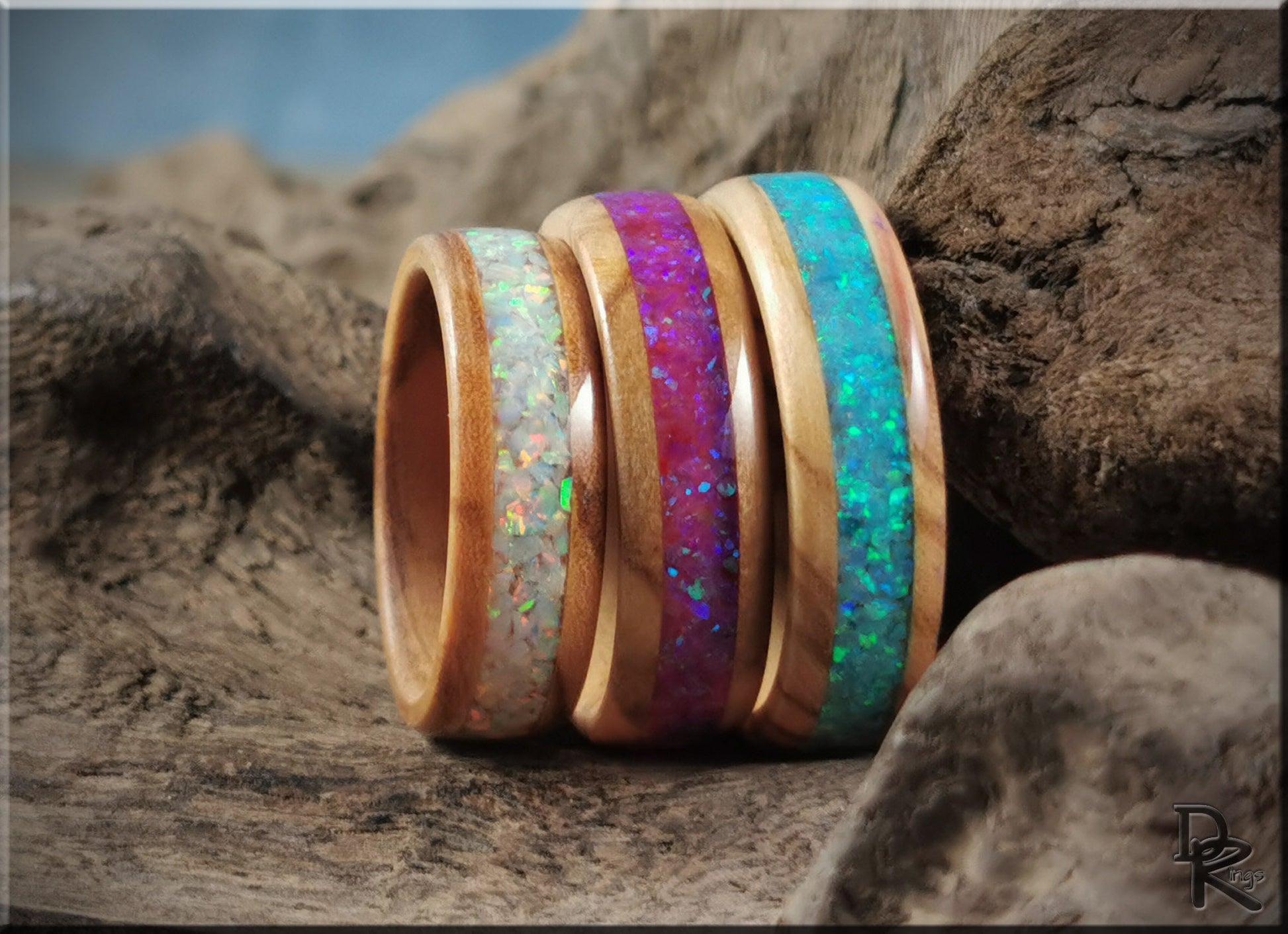 Olivewood Channel Ring w/Opal inlay - wood ring