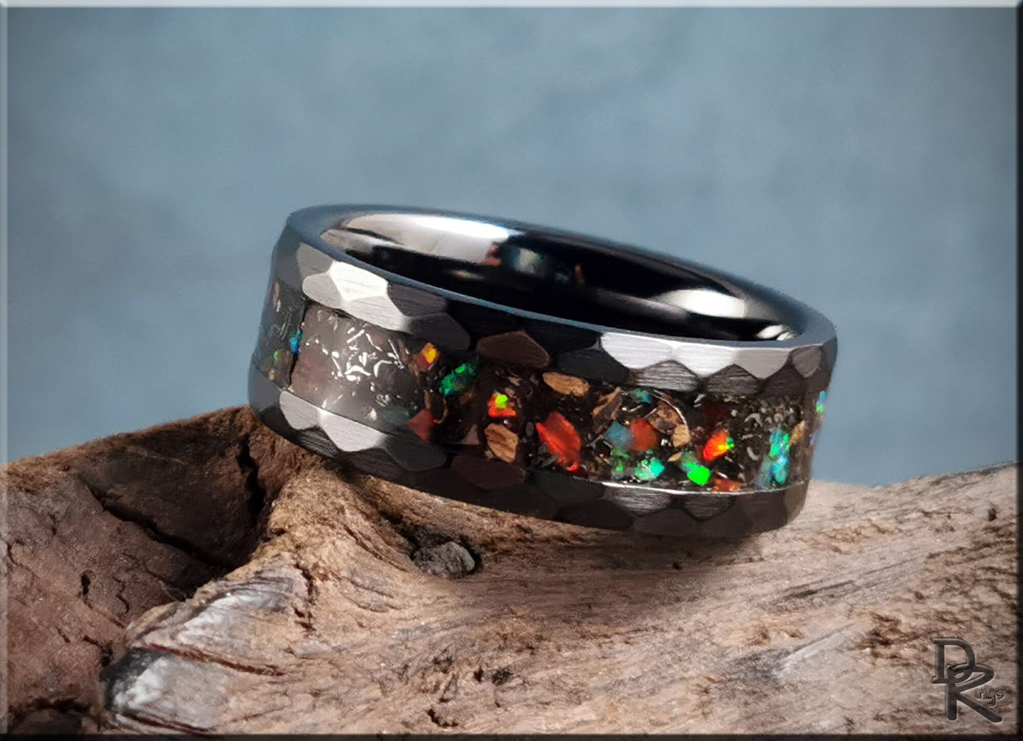 Hammered Black Ceramic 8mm Channel Ring w/Meteorite, Dino bone, Opal, and blue glow inlay - ceramic ring