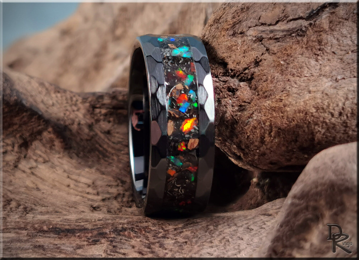 Hammered Black Ceramic 8mm Channel Ring w/Meteorite, Dino bone, Opal, and blue glow inlay - ceramic ring