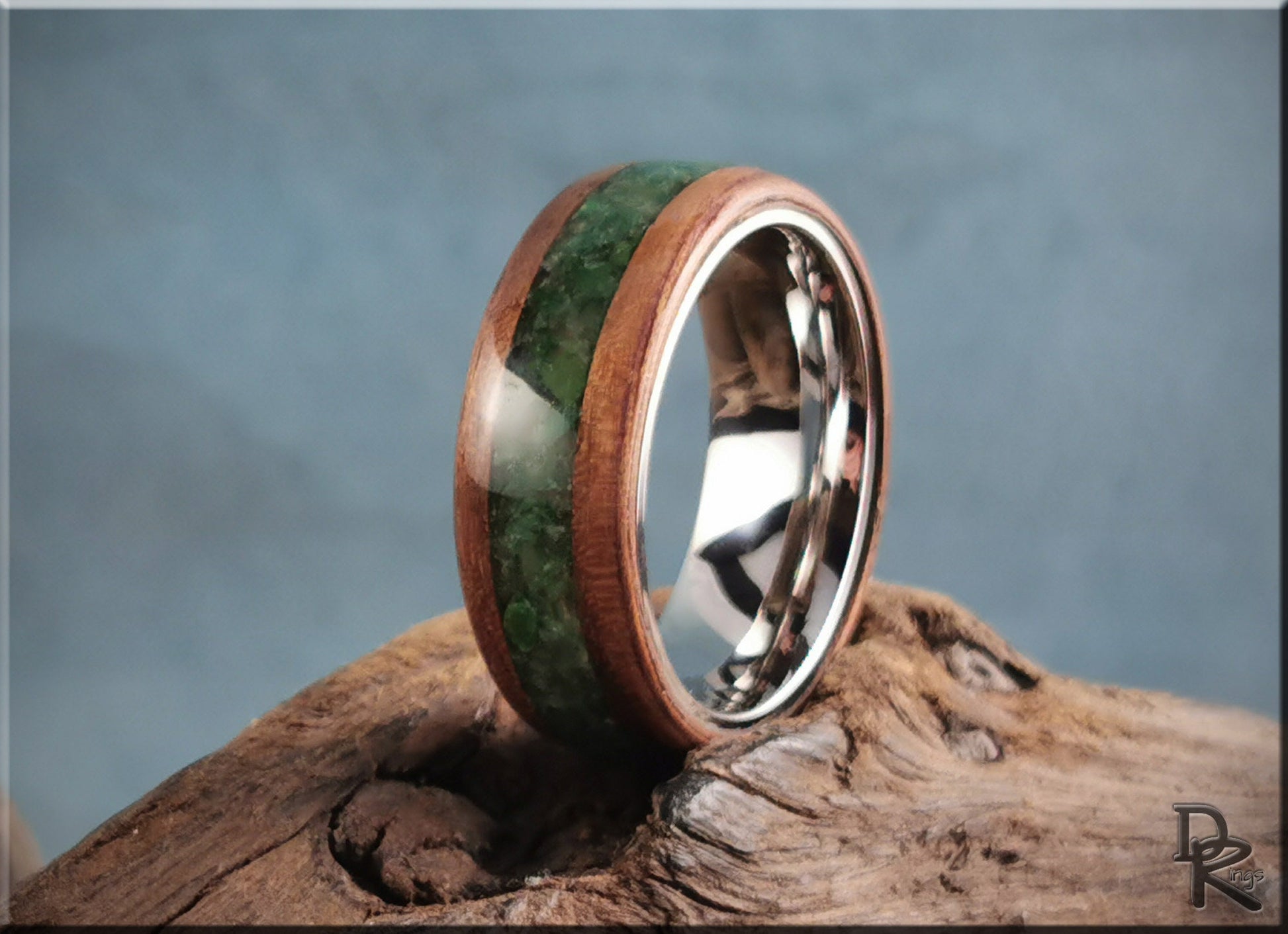 Bentwood Ring - Black Walnut w/Buddstone inlay, on premium Cobalt Chrome ring core - wood ring
