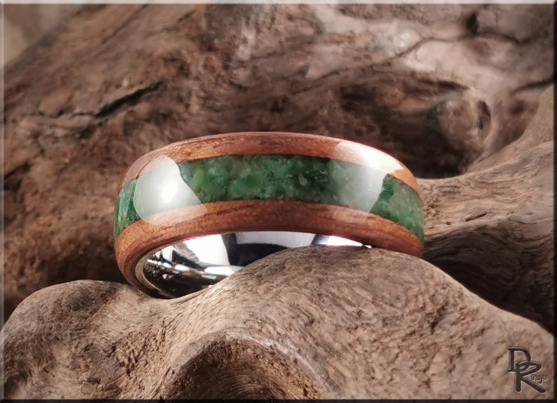 Bentwood Ring - Black Walnut w/Buddstone inlay, on premium Cobalt Chrome ring core - wood ring