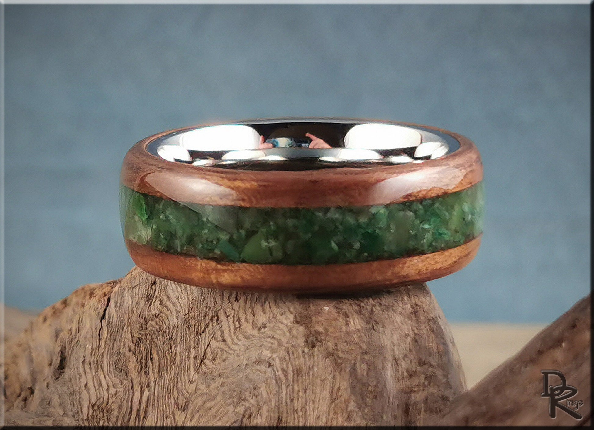 Bentwood Ring - Black Walnut w/Buddstone inlay, on premium Cobalt Chrome ring core - wood ring