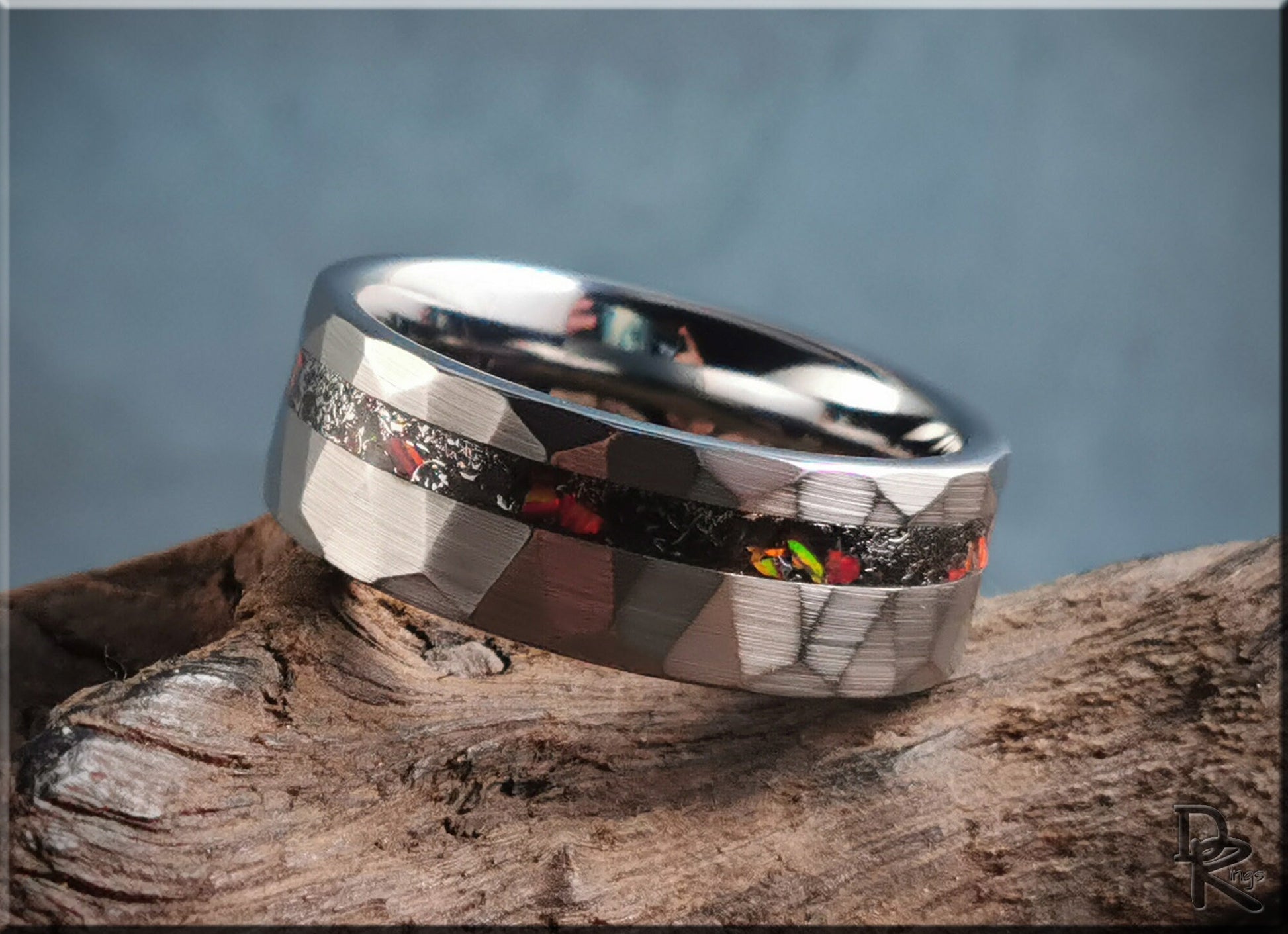 Hammered Tungsten Carbide Channel Ring w/offset Meteorite and Opal inlay - metal ring