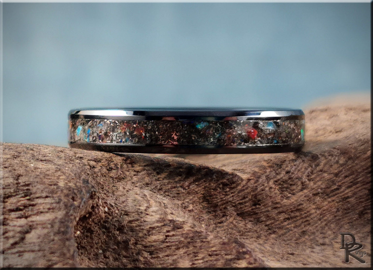 Black Ceramic Channel Ring w/Seymchan Meteorite, Opal, and orange glow inlay - ceramic ring