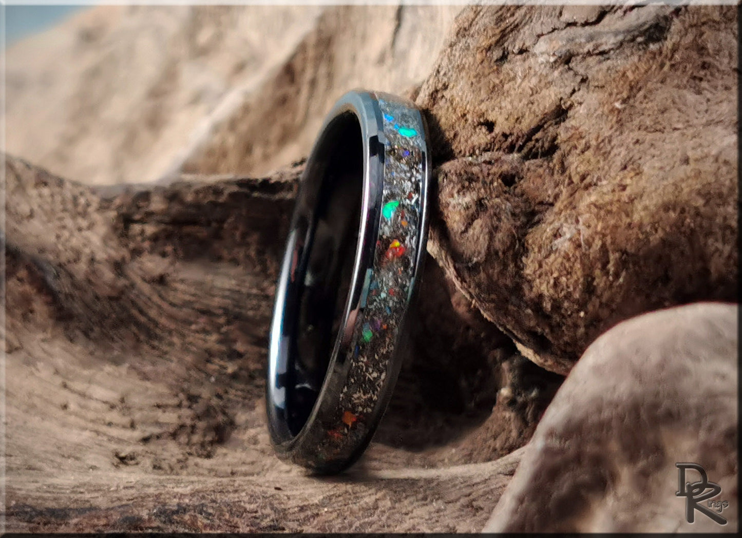Black Ceramic Channel Ring w/Seymchan Meteorite, Opal, and orange glow inlay - ceramic ring