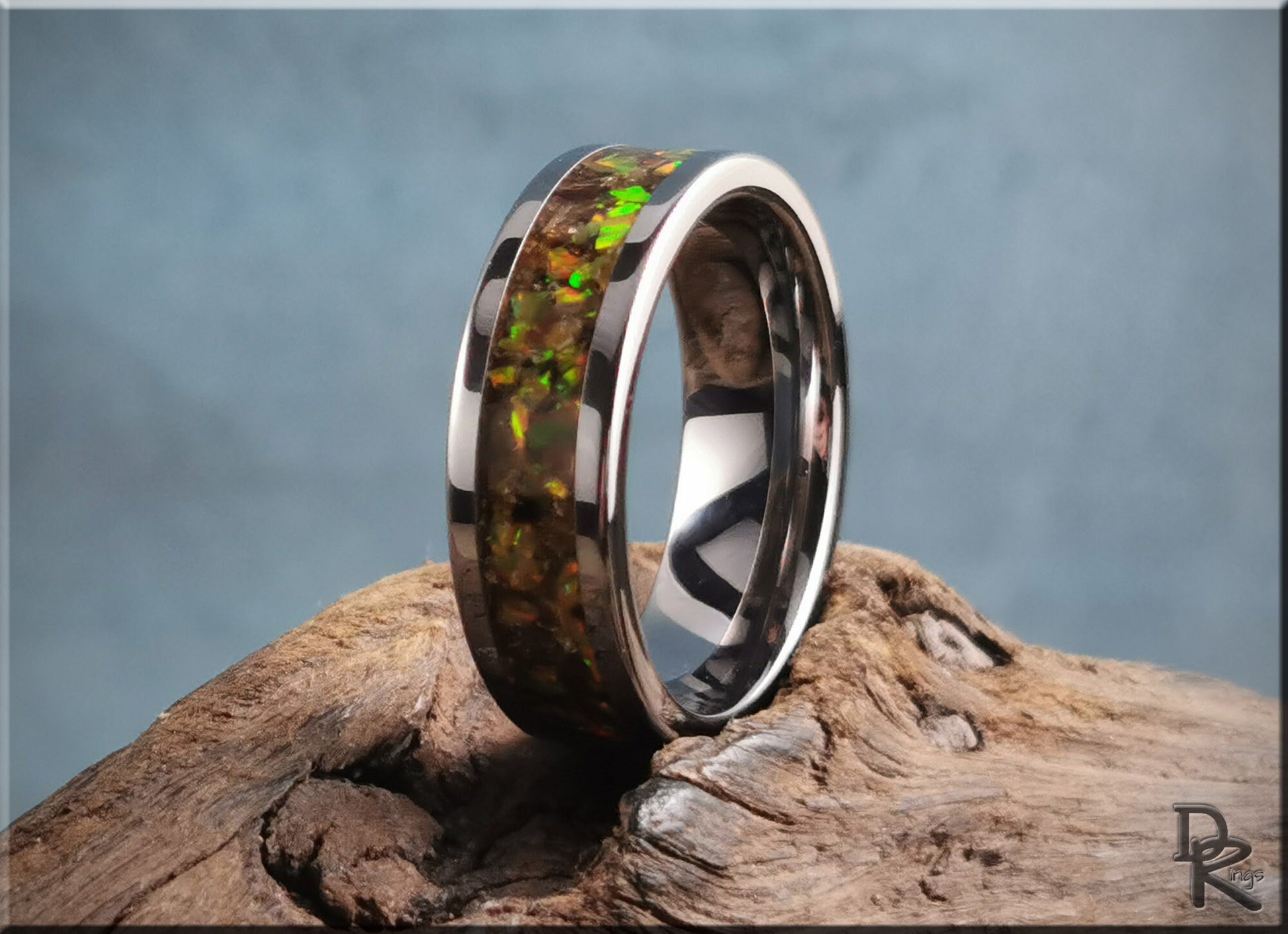 Super Titanium Channel Ring w/Genuine Amber and Opal inlay - metal ring