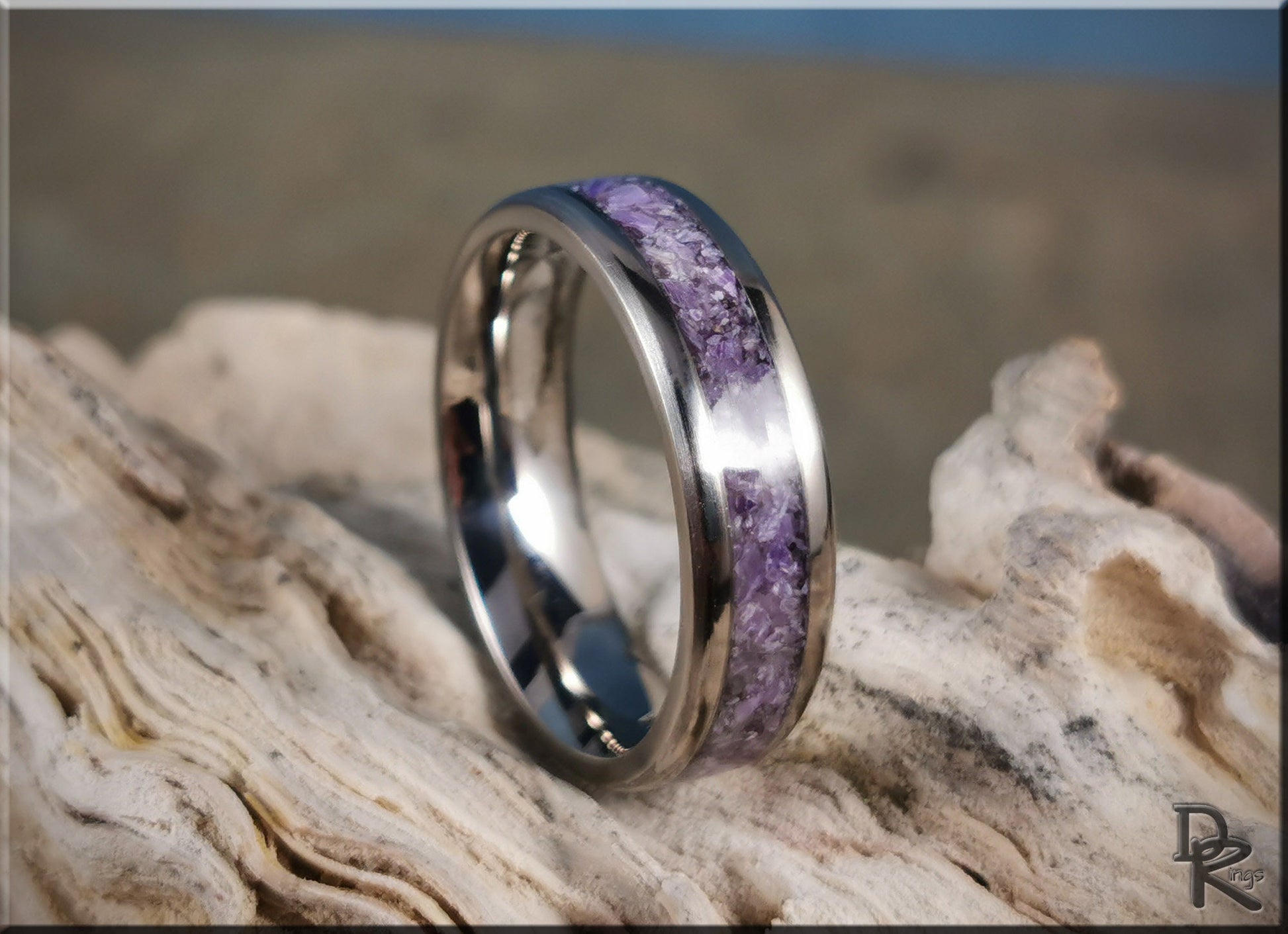 Titanium Channel Ring w/Charoite stone inlay - metal ring