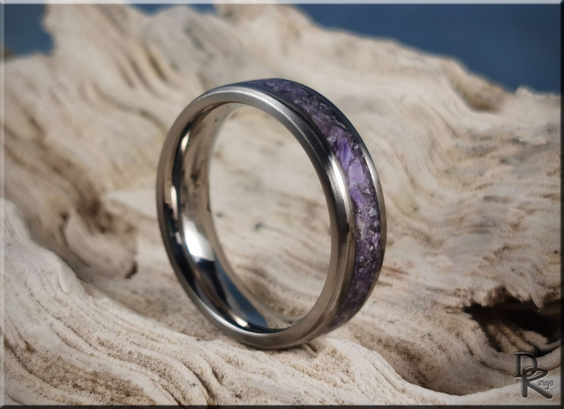 Titanium Channel Ring w/Charoite stone inlay - metal ring