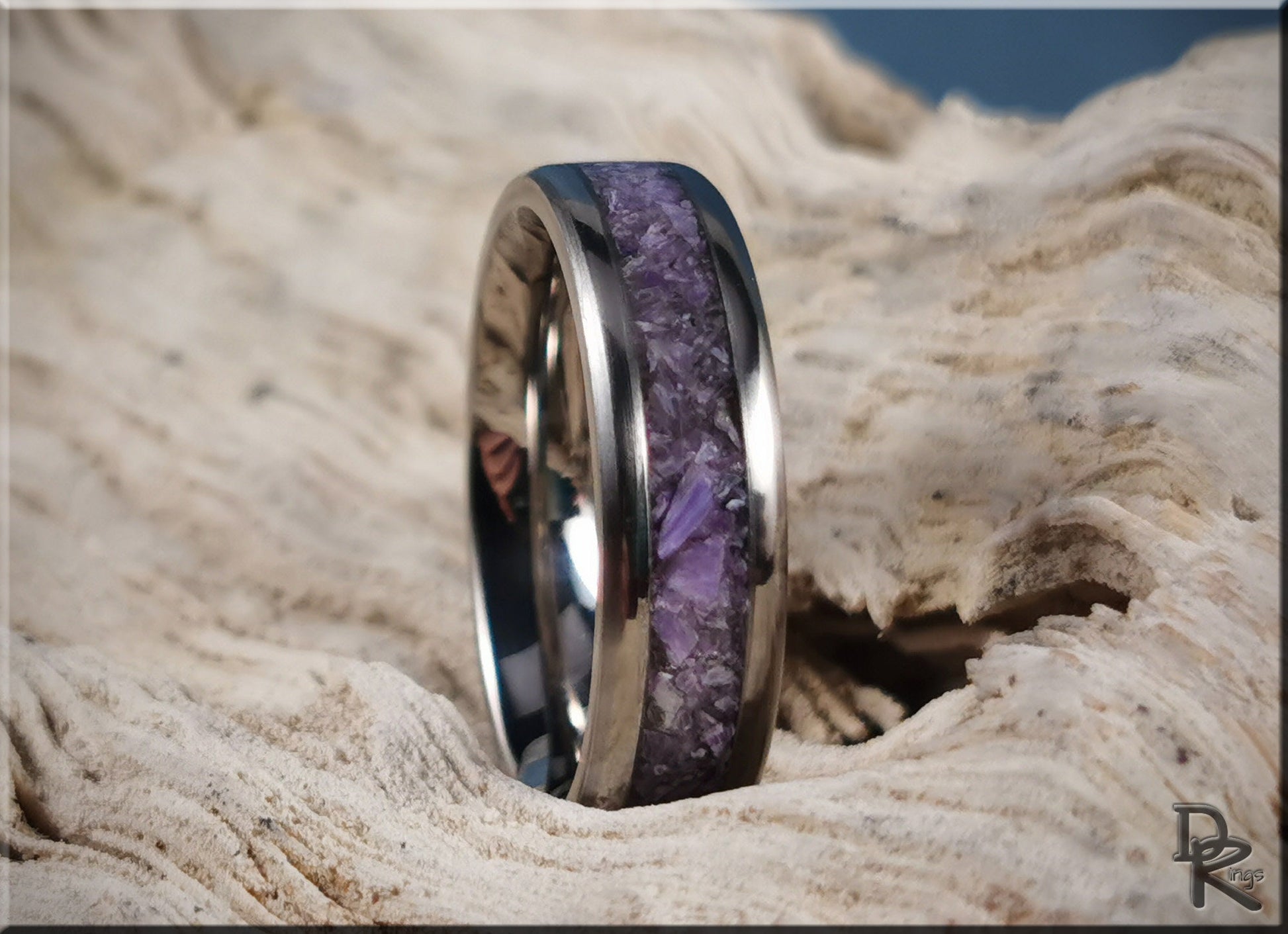 Titanium Channel Ring w/Charoite stone inlay - metal ring