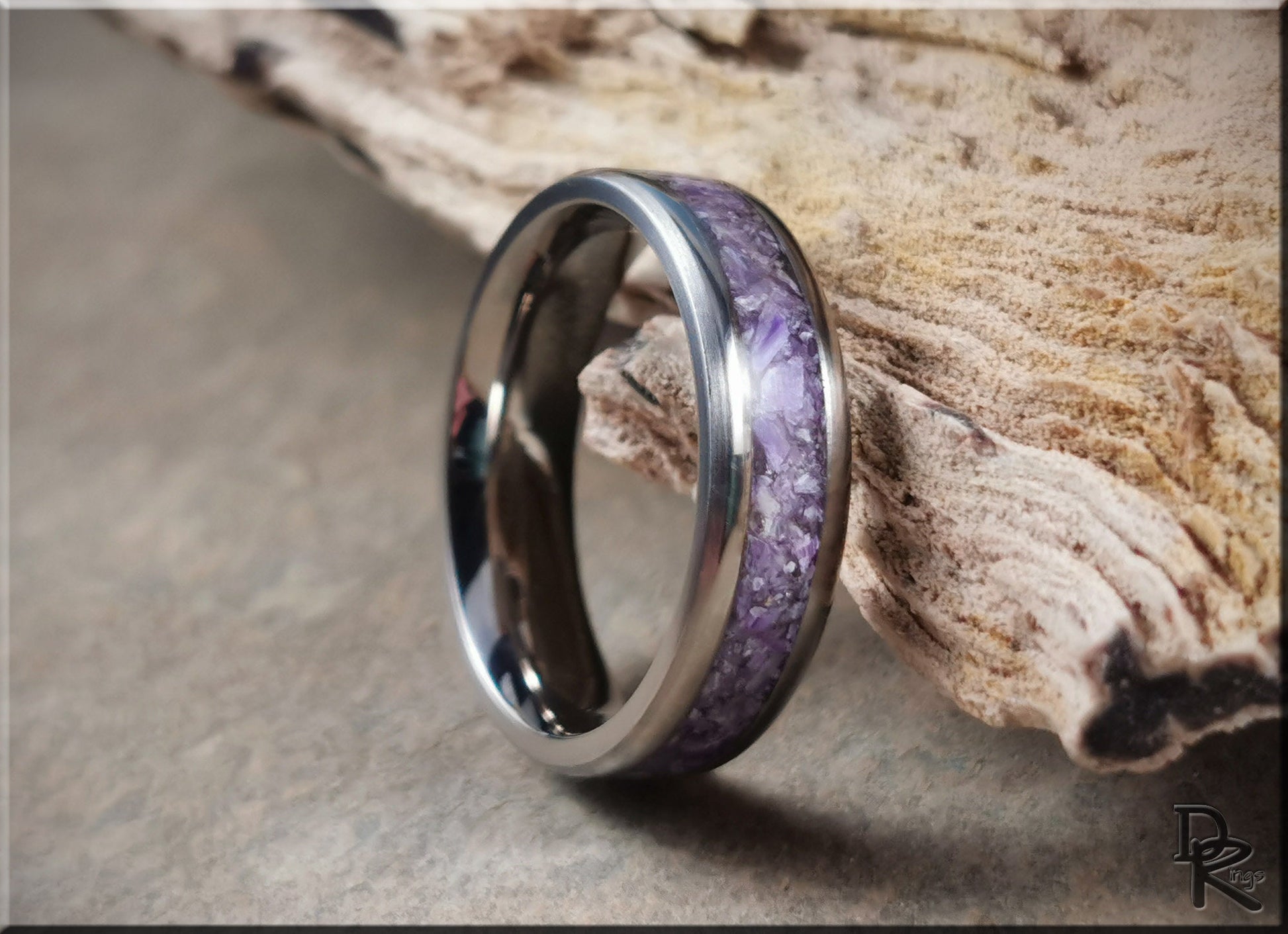 Titanium Channel Ring w/Charoite stone inlay - metal ring