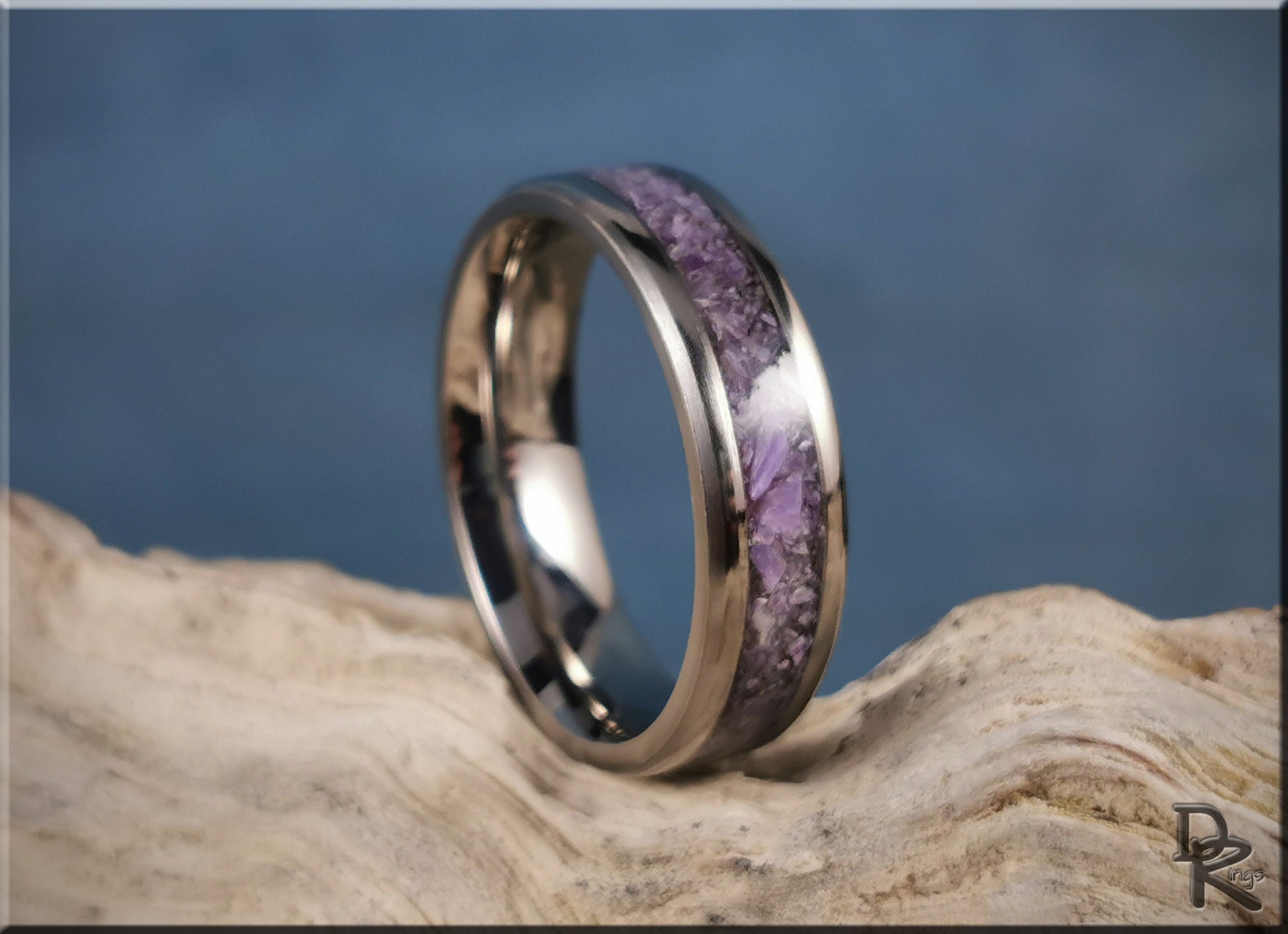 Titanium Channel Ring w/Charoite stone inlay - metal ring