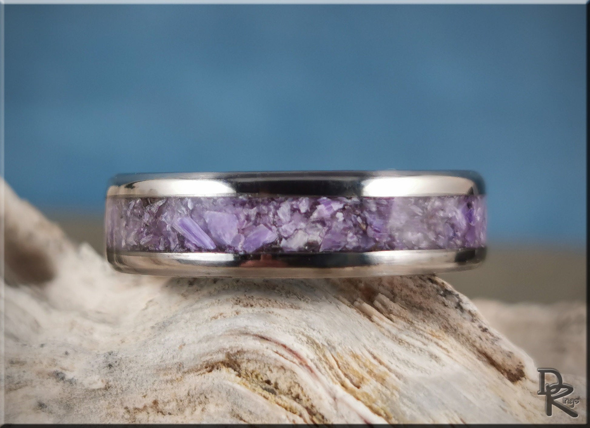 Titanium Channel Ring w/Charoite stone inlay - metal ring