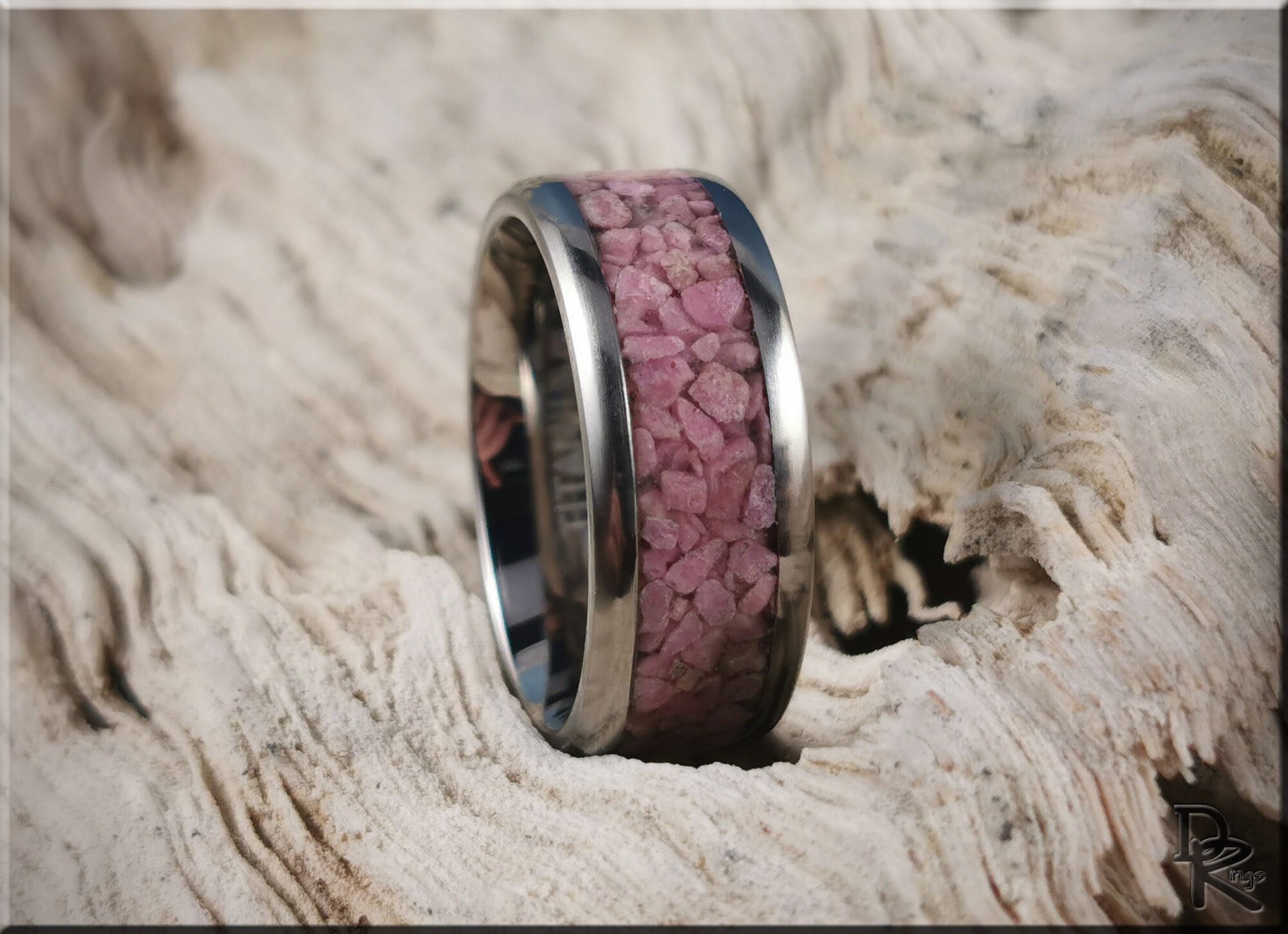 Titanium Channel Ring w/Rhodonite stone inlay - metal ring