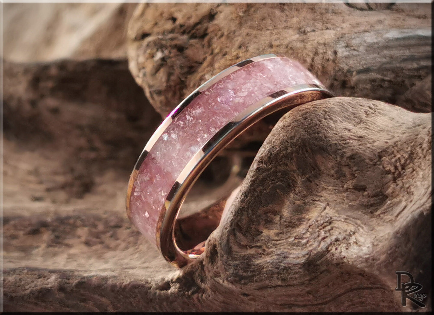 Rose Gold Plated Tungsten Carbide Channel Ring w/Lavender Lepidolite stone inlay - metal ring