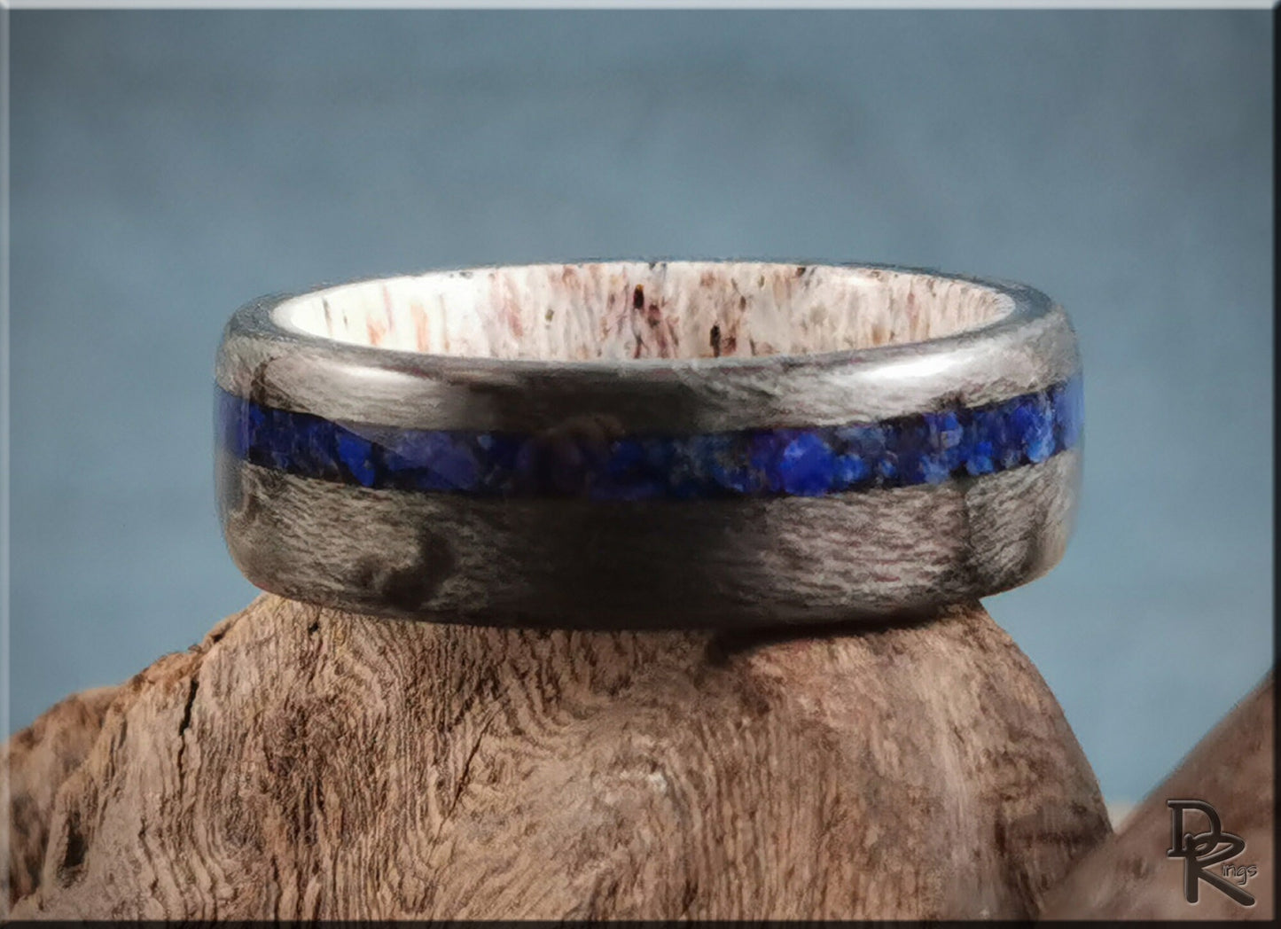 Bentwood Ring - Grey Birdseye Maple w/offset Lapis Lazuli inlay on deer antler ring core - wood ring