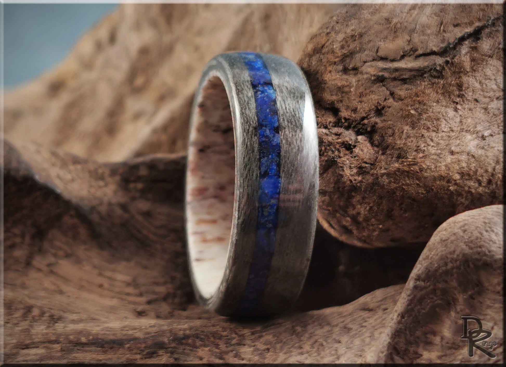 Bentwood Ring - Grey Birdseye Maple w/offset Lapis Lazuli inlay on deer antler ring core - wood ring