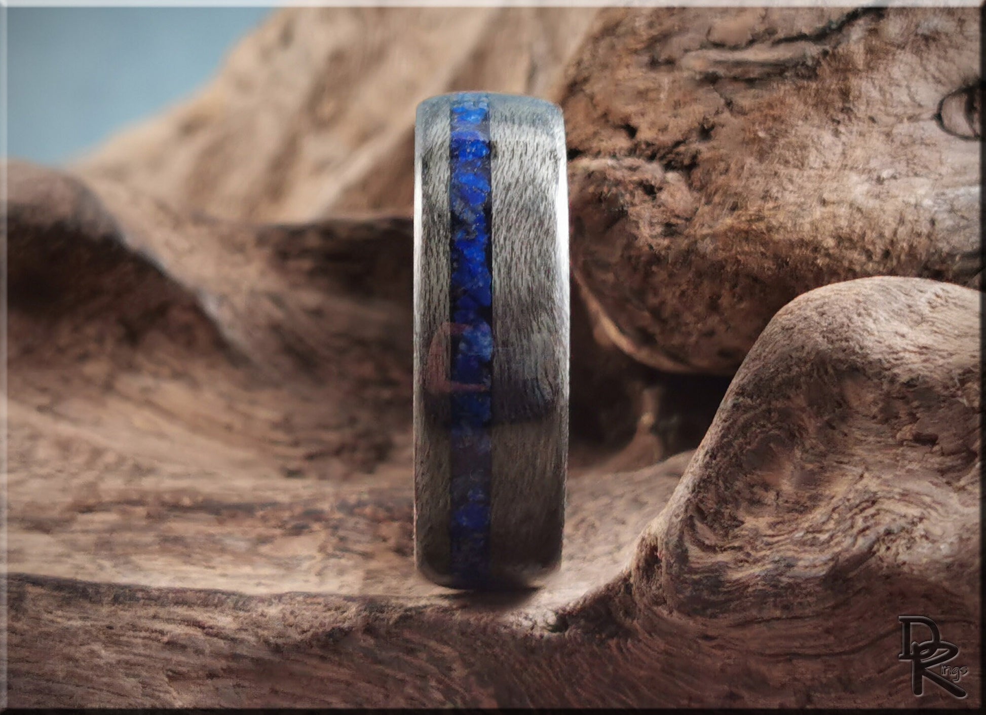 Bentwood Ring - Grey Birdseye Maple w/offset Lapis Lazuli inlay on deer antler ring core - wood ring