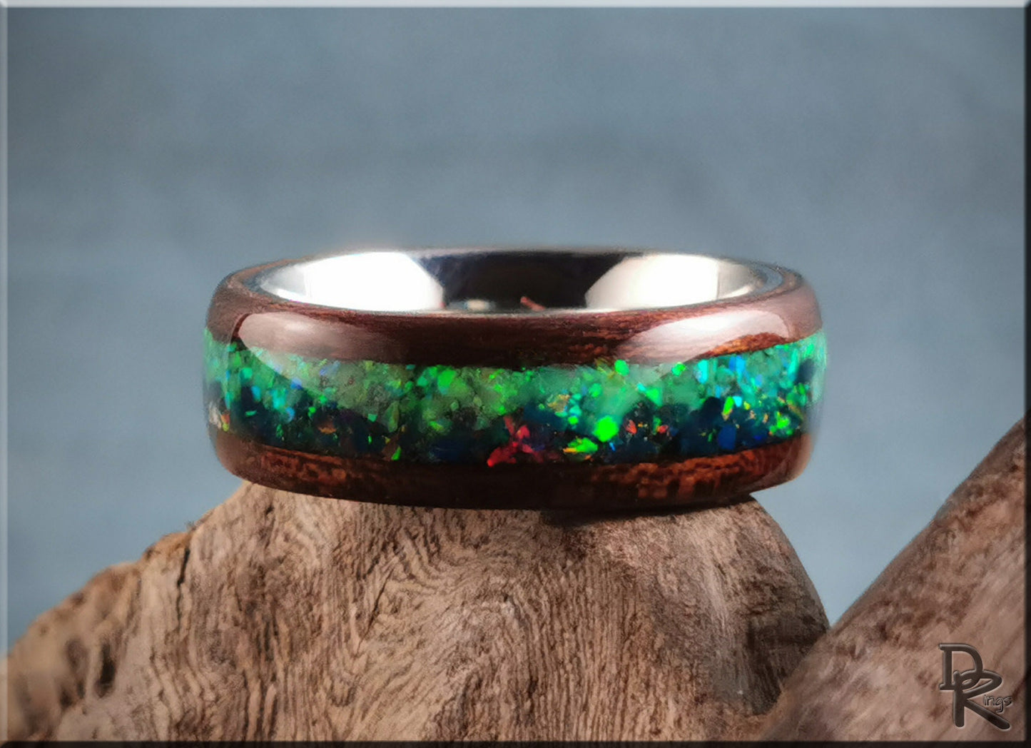 Bentwood Ring 'Aurora Borealis' - Smoked Etimoe w/Dual Opal inlay, on polished titanium ring core - wood ring