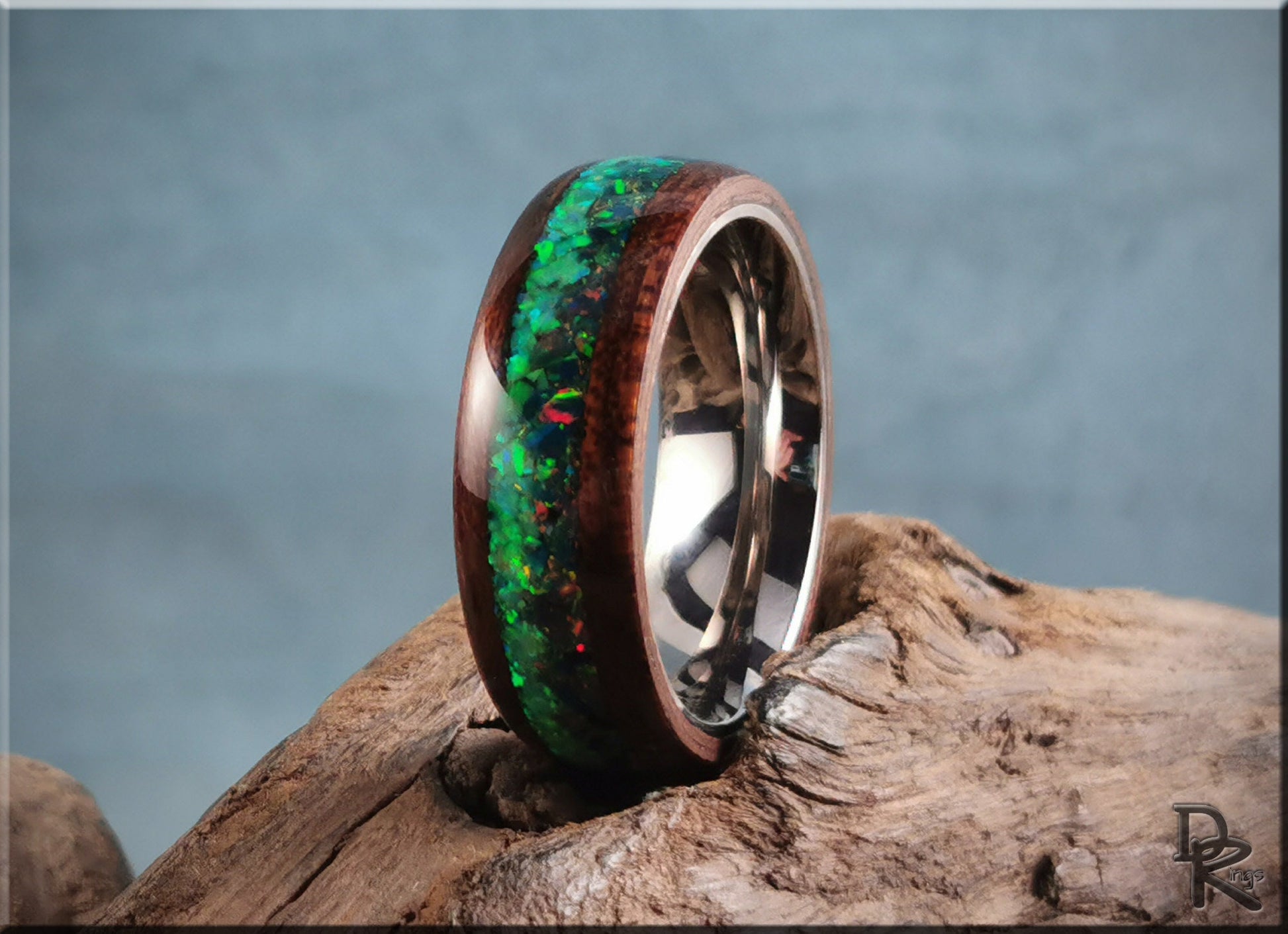 Bentwood Ring 'Aurora Borealis' - Smoked Etimoe w/Dual Opal inlay, on polished titanium ring core - wood ring