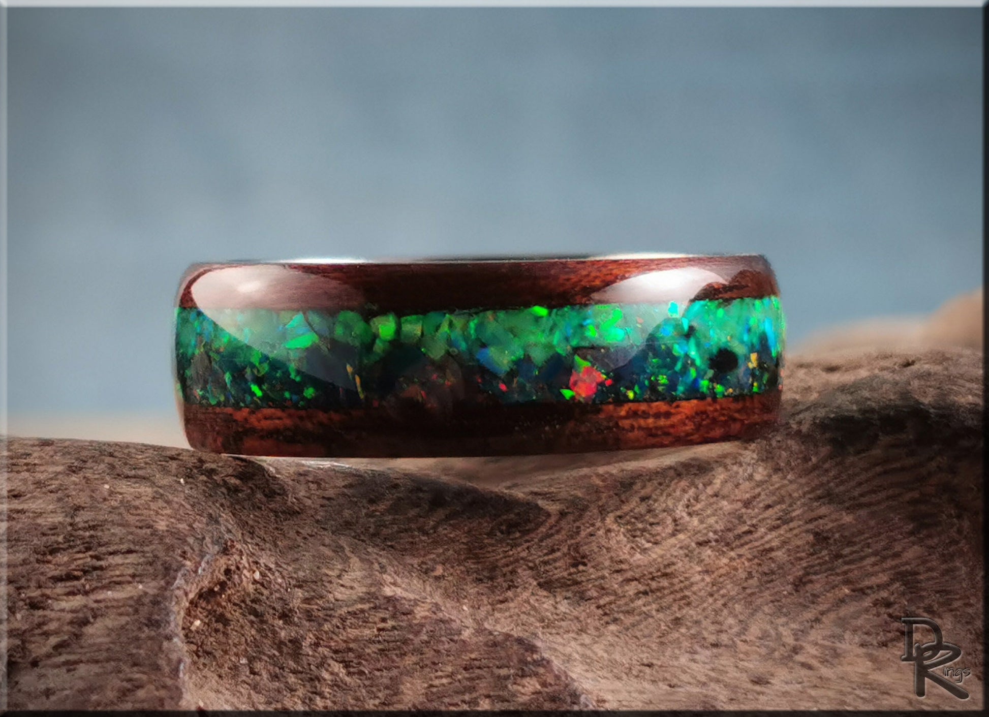 Bentwood Ring 'Aurora Borealis' - Smoked Etimoe w/Dual Opal inlay, on polished titanium ring core - wood ring