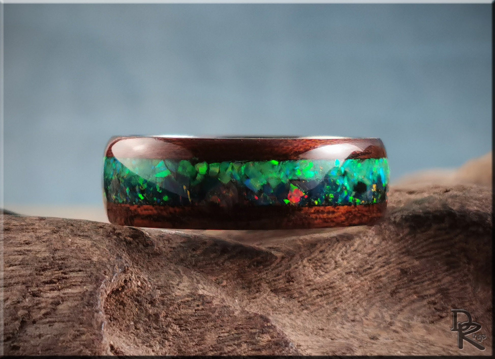 Bentwood Ring 'Aurora Borealis' - Smoked Etimoe w/Dual Opal inlay, on polished titanium ring core - wood ring