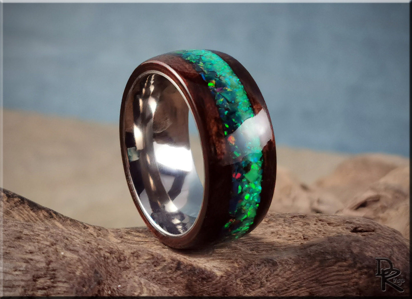 Bentwood Ring 'Aurora Borealis' - Smoked Etimoe w/Dual Opal inlay, on polished titanium ring core - wood ring