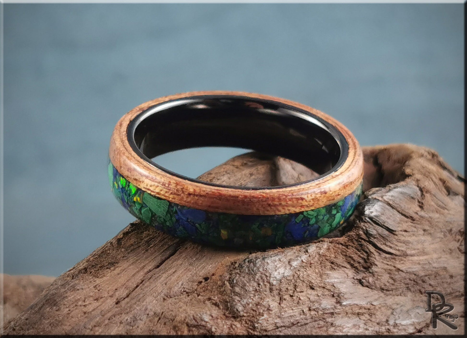 Bentwood Ring - Okoume w/Live Edge Stone and Opal blend inlay, on Polished Black Ceramic inner core - wood ring