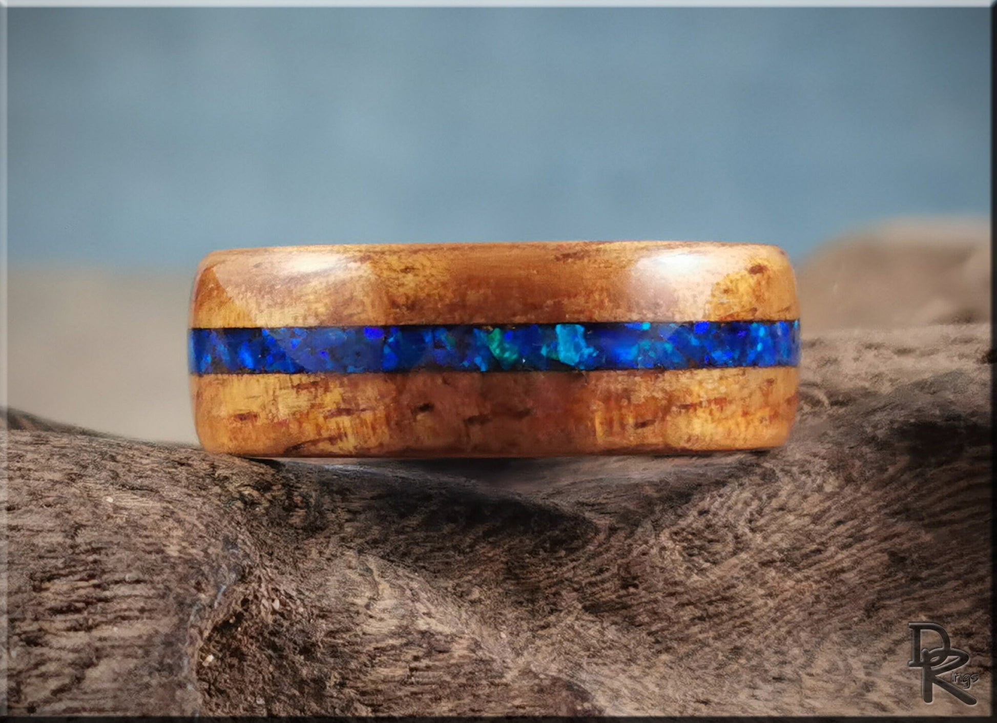 Bentwood Ring - Golden Hawaiian Koa w/Sleepy Blue Opal inlay, on polished 8mm blue ceramic ring core - wood ring