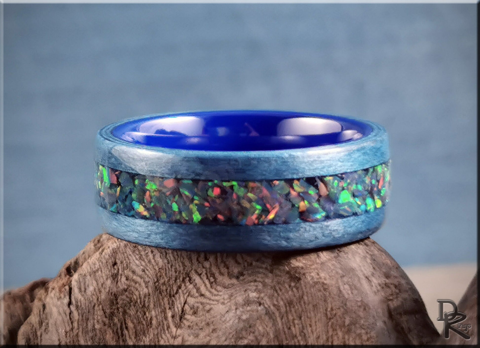 Bentwood Ring - Denim Blue Tulipwood w/Royal Blue Grey Opal inlay, on polished blue ceramic ring core - wood ring