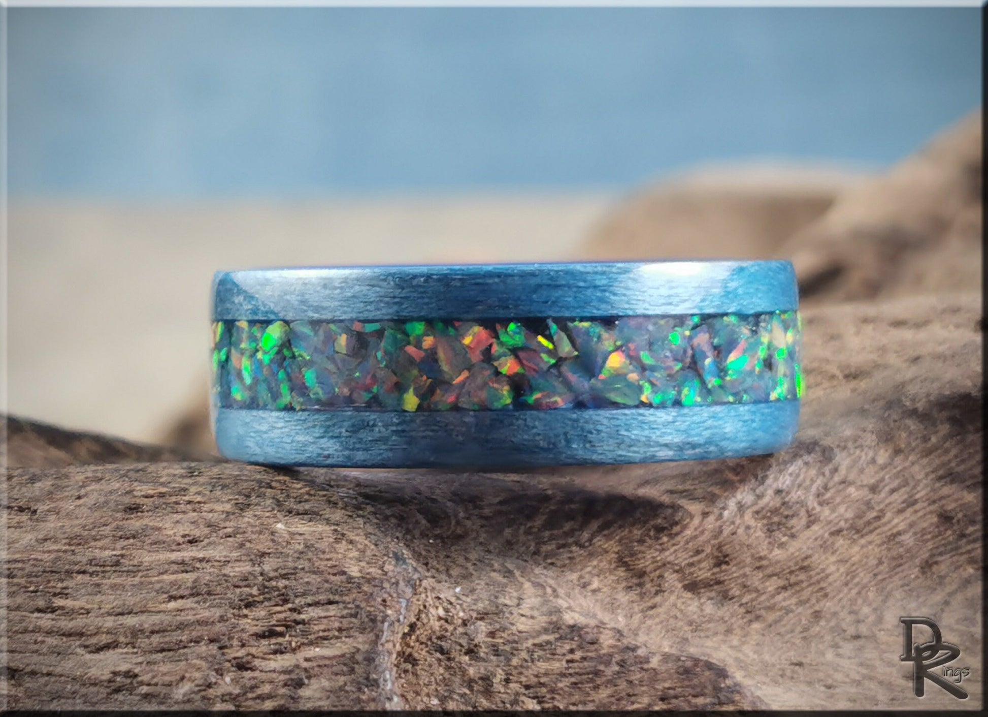 Bentwood Ring - Denim Blue Tulipwood w/Royal Blue Grey Opal inlay, on polished blue ceramic ring core - wood ring