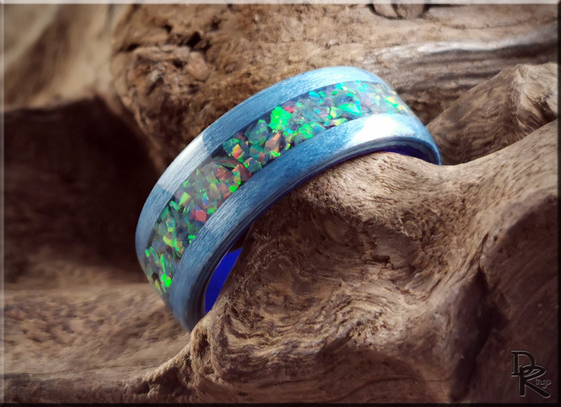 Bentwood Ring - Denim Blue Tulipwood w/Royal Blue Grey Opal inlay, on polished blue ceramic ring core - wood ring