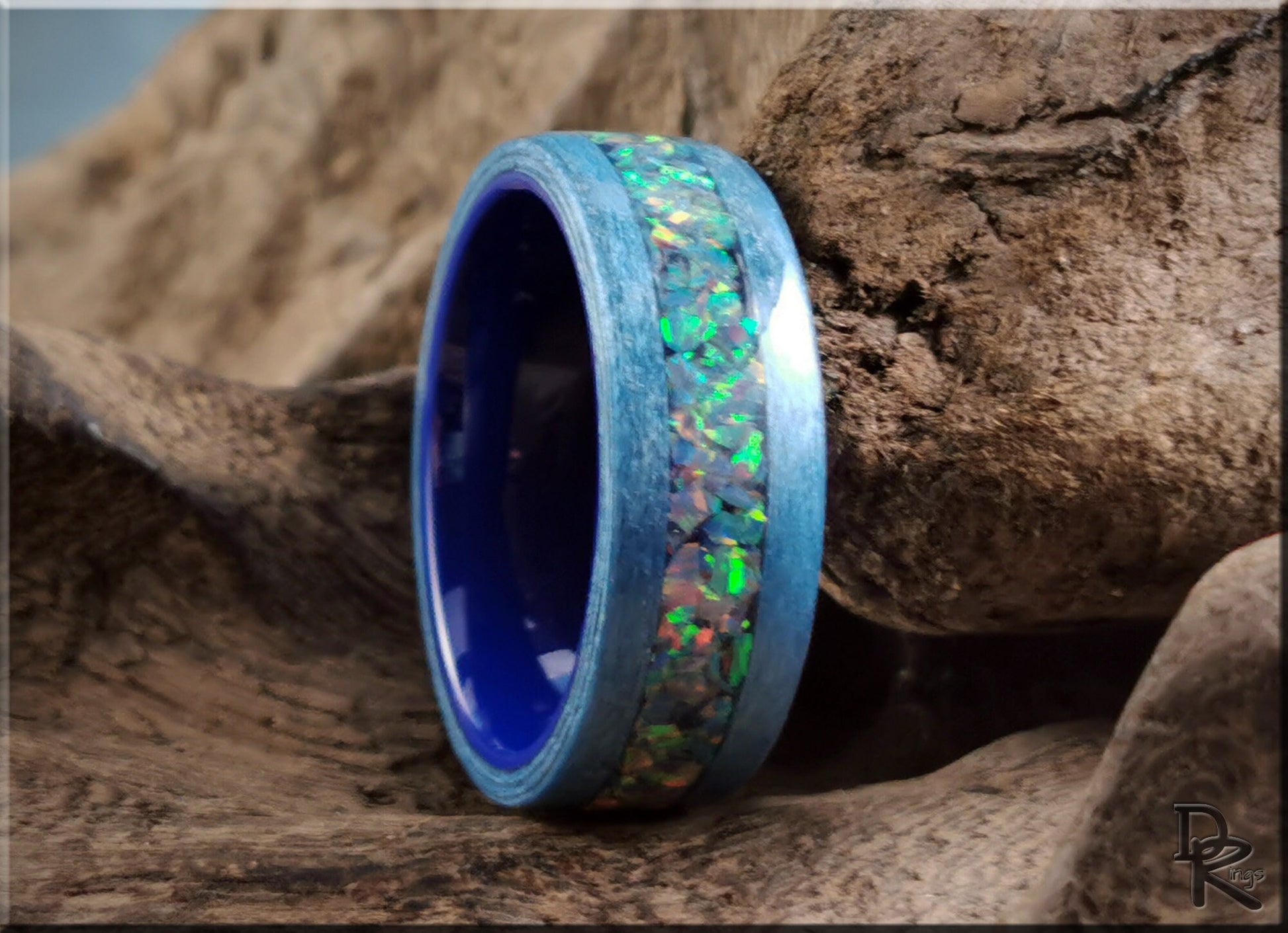 Bentwood Ring - Denim Blue Tulipwood w/Royal Blue Grey Opal inlay, on polished blue ceramic ring core - wood ring