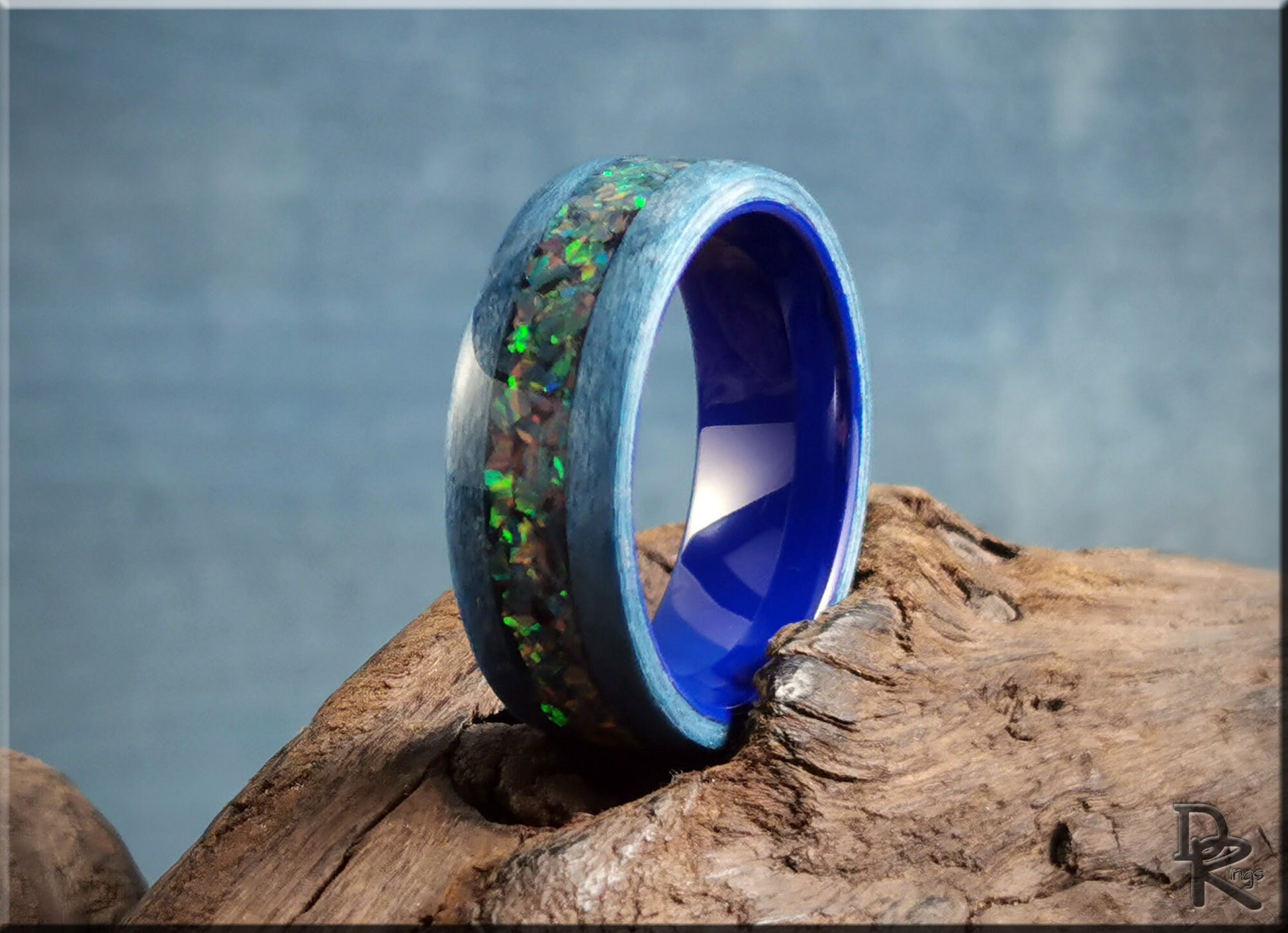 Bentwood Ring - Denim Blue Tulipwood w/Royal Blue Grey Opal inlay, on polished blue ceramic ring core - wood ring