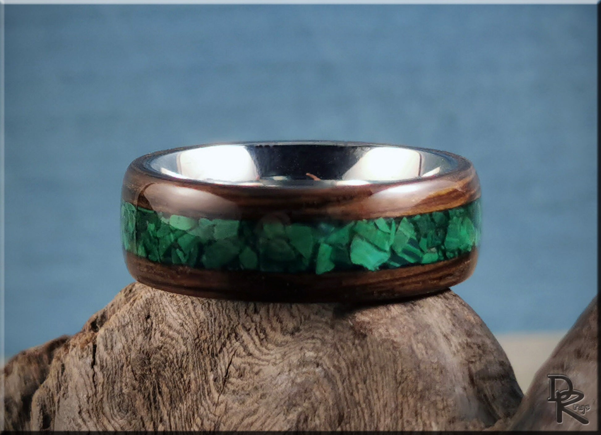 Bentwood Ring - Ancient Bog Oak w/Green Malachite inlay on titanium ring core - wood ring