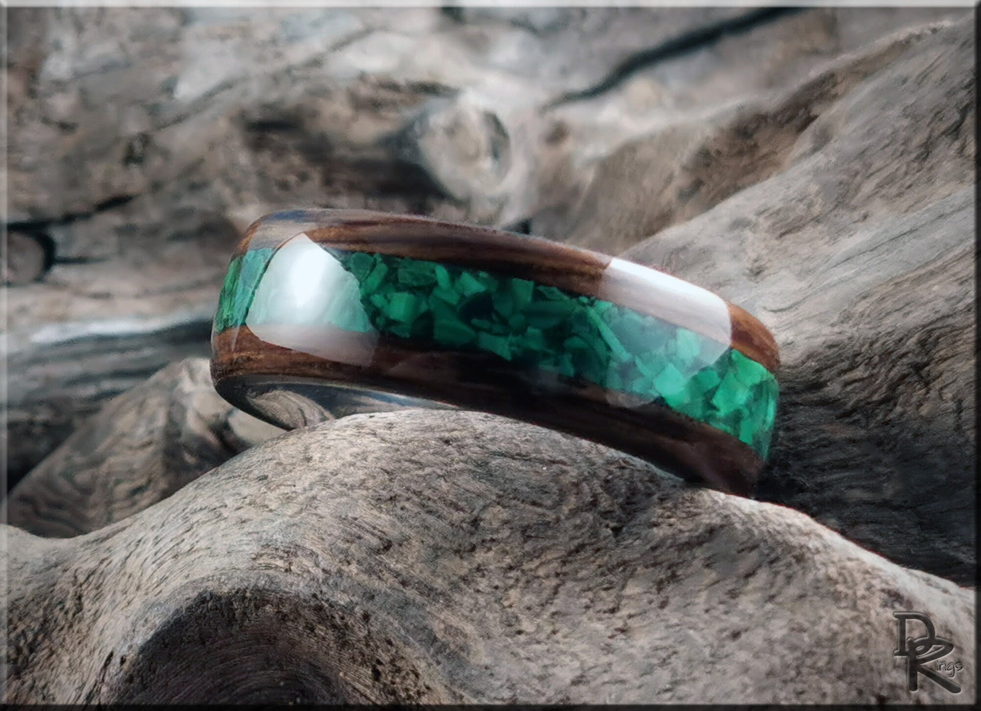 Bentwood Ring - Ancient Bog Oak w/Green Malachite inlay on titanium ring core - wood ring