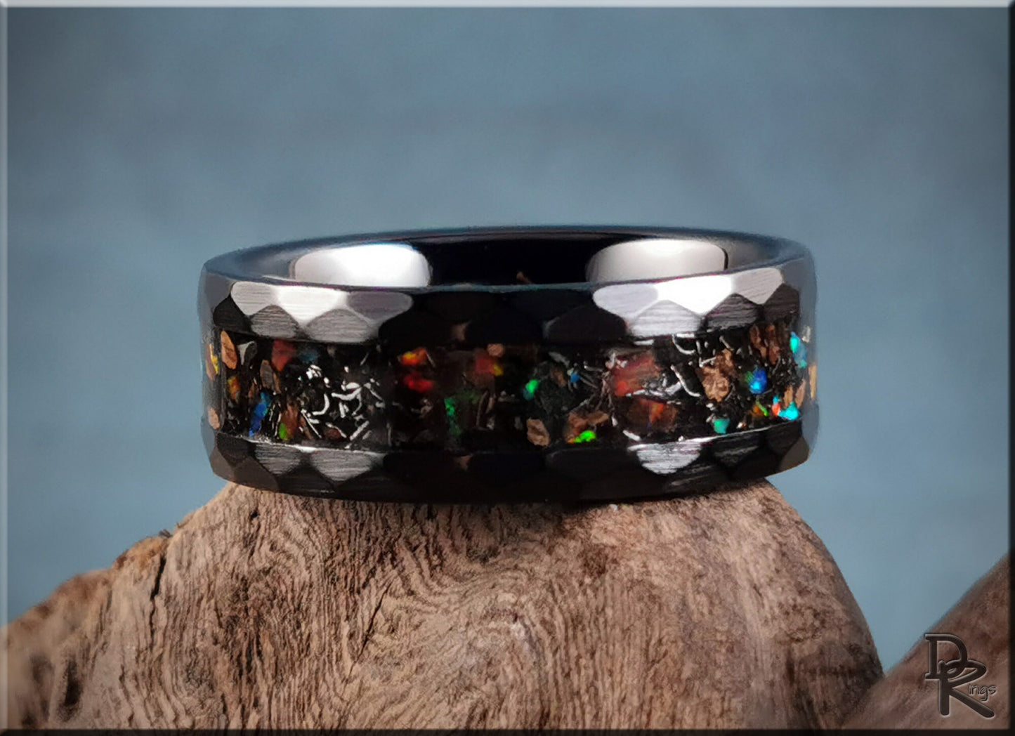 Hammered Black Ceramic 8mm Channel Ring w/Meteorite, Dino bone, Opal, and blue glow inlay - ceramic ring