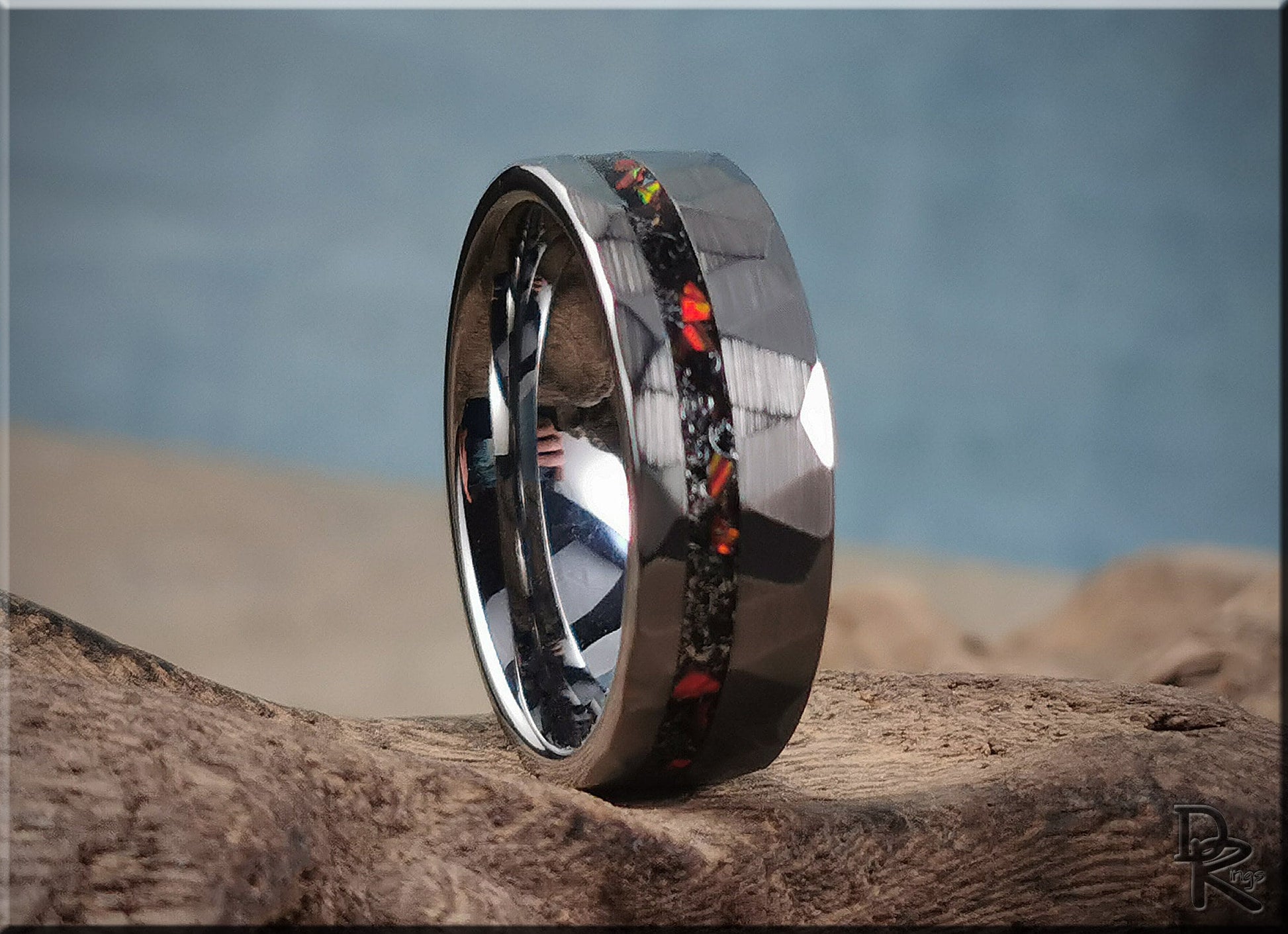 Hammered Tungsten Carbide Channel Ring w/offset Meteorite and Opal inlay - metal ring
