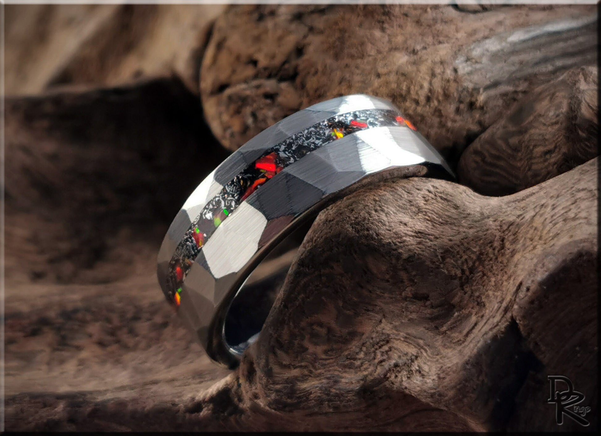 Hammered Tungsten Carbide Channel Ring w/offset Meteorite and Opal inlay - metal ring